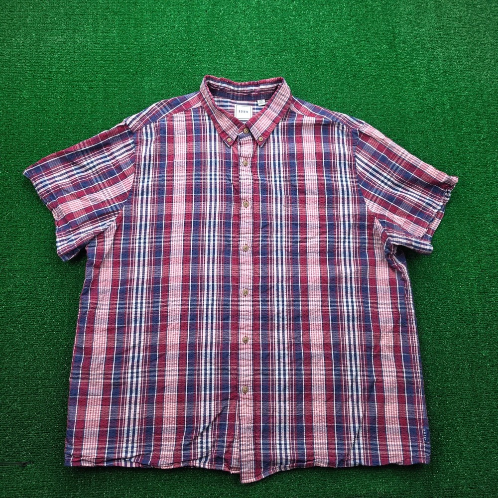 ROWM‎ Seersucker Shirt Mens 2XL Red Blue Plaid Button Down Short Sleeve
